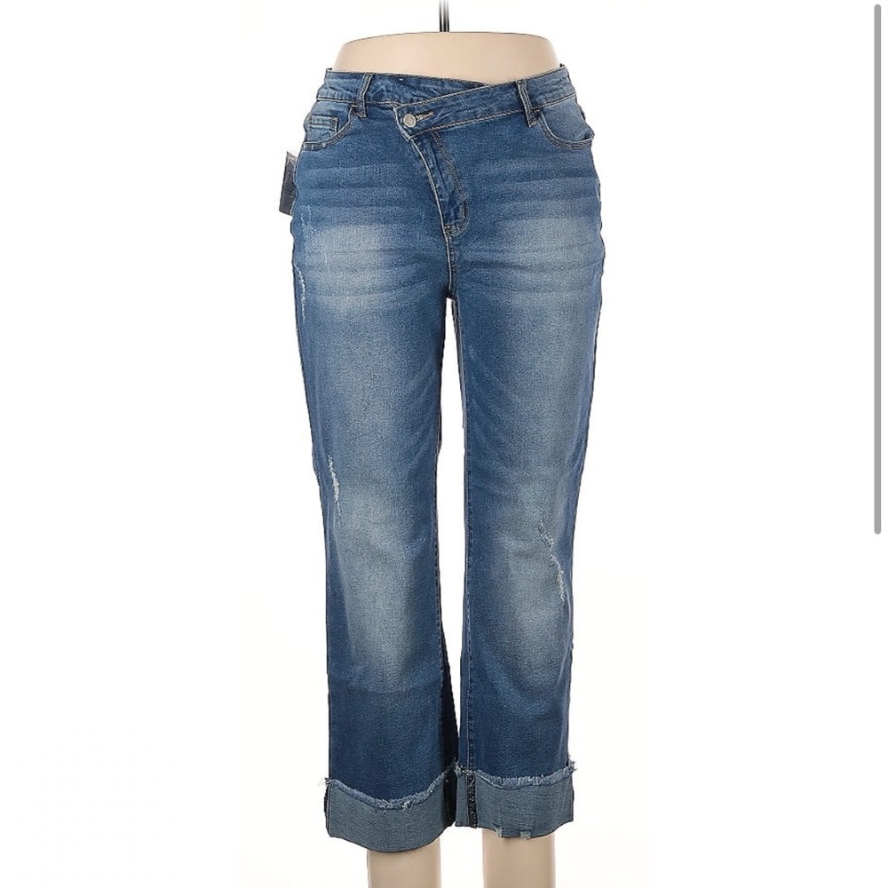Jeans Crossover Waist Wide Cuffs Size 2X Medium Wash Mid Rise